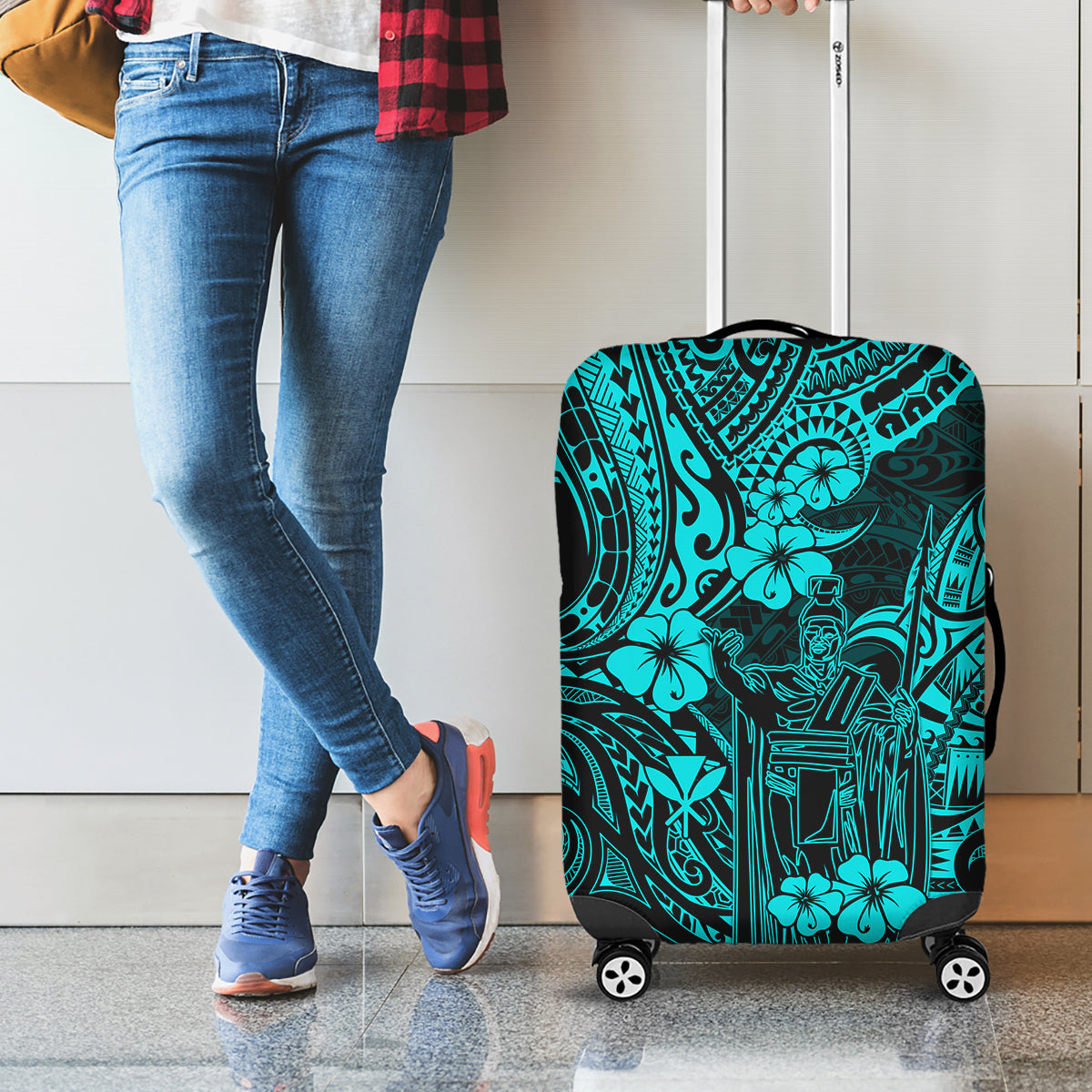 Hawaii King Kamehameha Luggage Cover Polynesian Pattern Turquoise Version - Wonder Print Shop