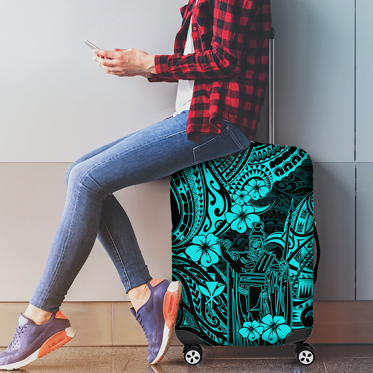 Hawaii King Kamehameha Luggage Cover Polynesian Pattern Turquoise Version - Wonder Print Shop