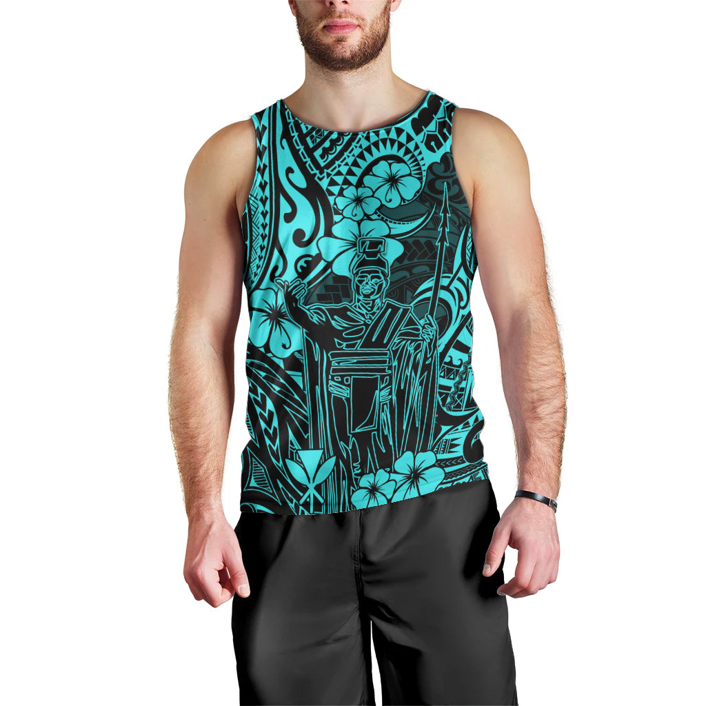 Hawaii King Kamehameha Men Tank Top Polynesian Pattern Turquoise Version - Wonder Print Shop