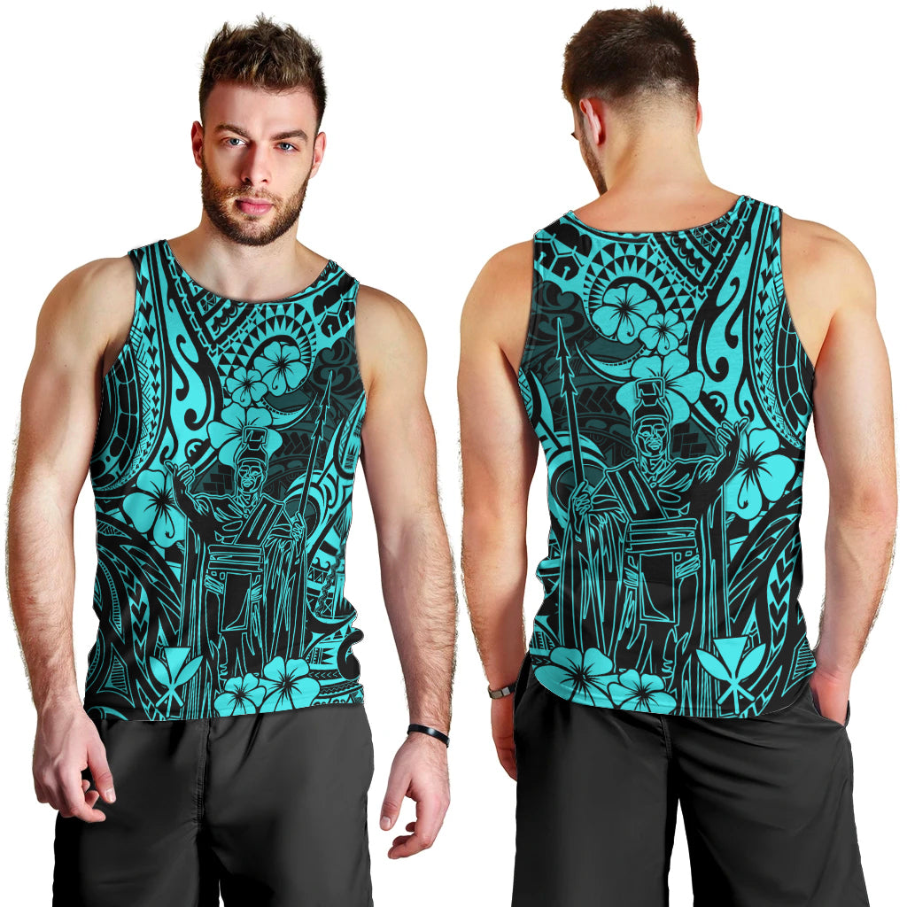 Hawaii King Kamehameha Men Tank Top Polynesian Pattern Turquoise Version - Wonder Print Shop