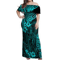 Hawaii King Kamehameha Off Shoulder Maxi Dress Polynesian Pattern Turquoise Version - Wonder Print Shop