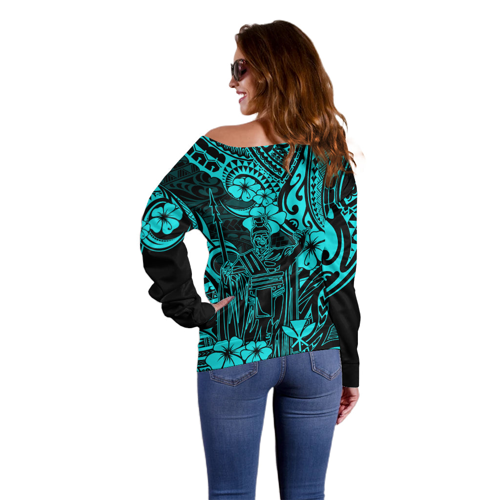 Hawaii King Kamehameha Off Shoulder Sweater Polynesian Pattern Turquoise Version - Wonder Print Shop