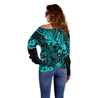 Hawaii King Kamehameha Off Shoulder Sweater Polynesian Pattern Turquoise Version - Wonder Print Shop