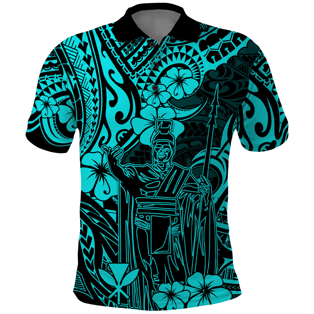 Hawaii King Kamehameha Polo Shirt Polynesian Pattern Turquoise Version - Wonder Print Shop