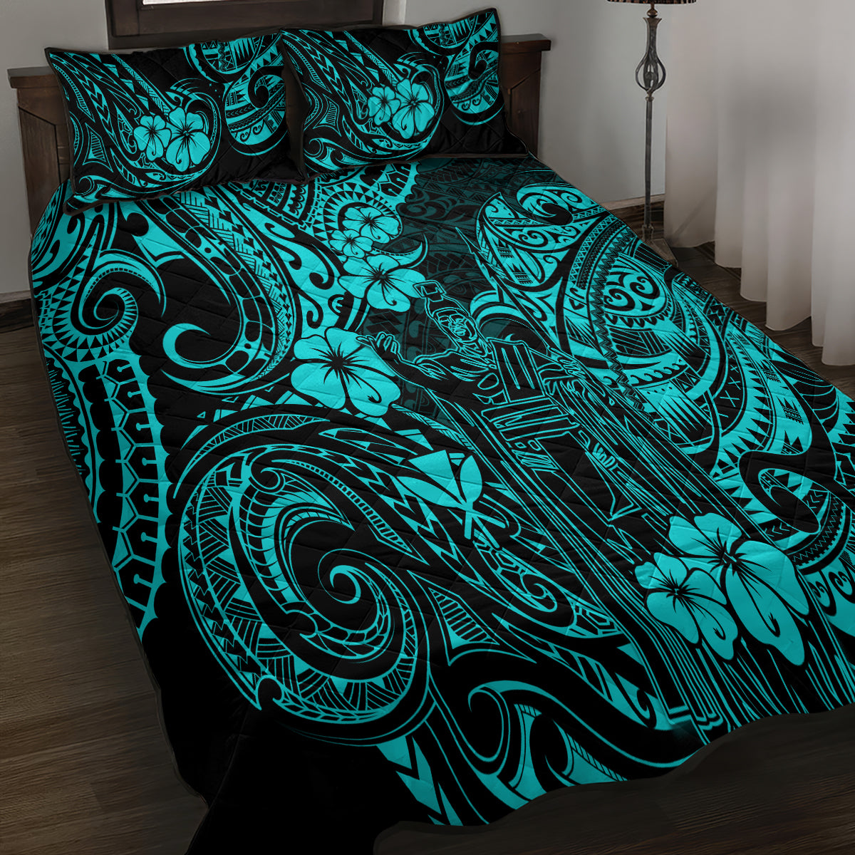 Hawaii King Kamehameha Quilt Bed Set Polynesian Pattern Turquoise Version - Wonder Print Shop