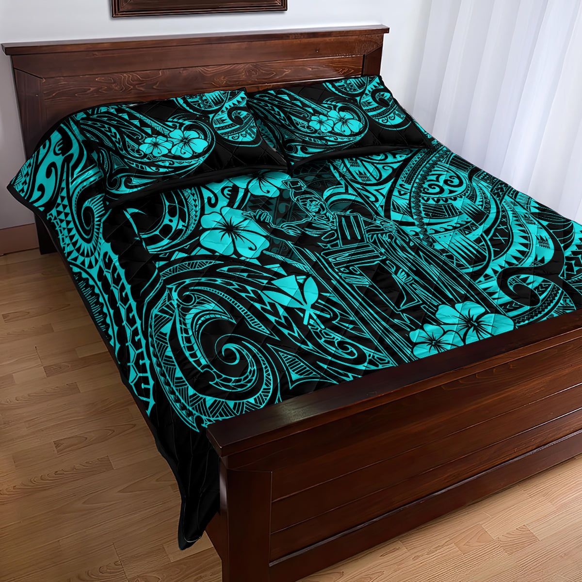 Hawaii King Kamehameha Quilt Bed Set Polynesian Pattern Turquoise Version - Wonder Print Shop