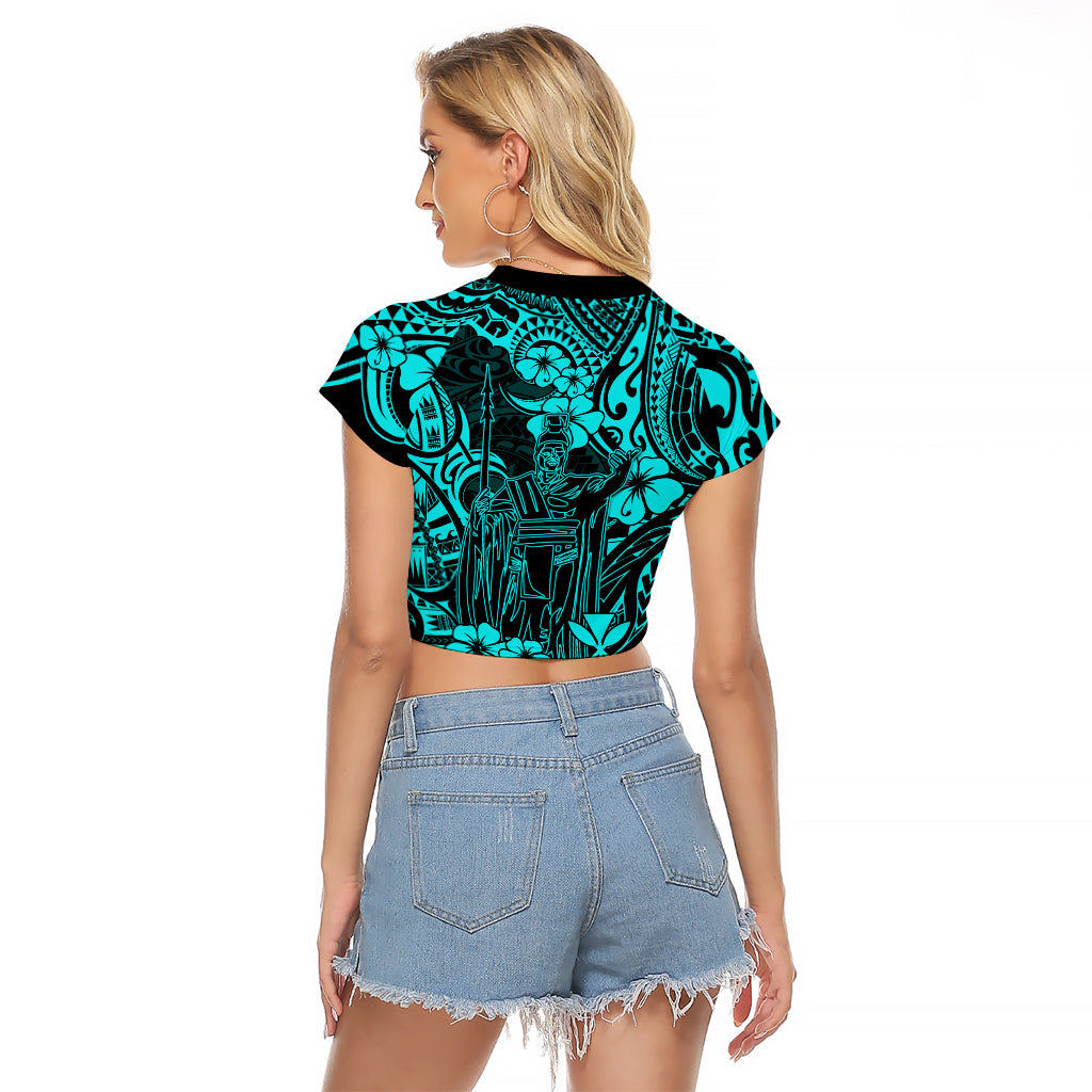 Hawaii King Kamehameha Raglan Cropped T Shirt Polynesian Pattern Turquoise Version - Wonder Print Shop
