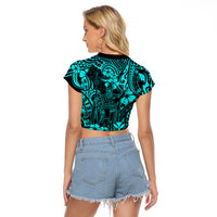 Hawaii King Kamehameha Raglan Cropped T Shirt Polynesian Pattern Turquoise Version - Wonder Print Shop
