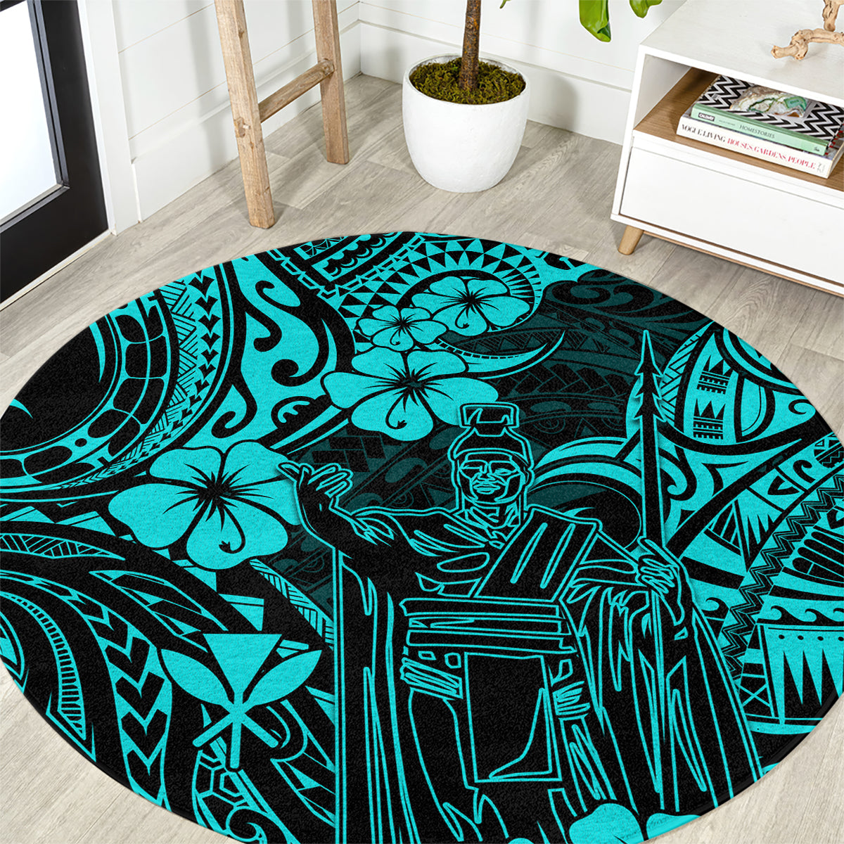 hawaii-king-kamehameha-round-carpet-polynesian-pattern-turquoise-version