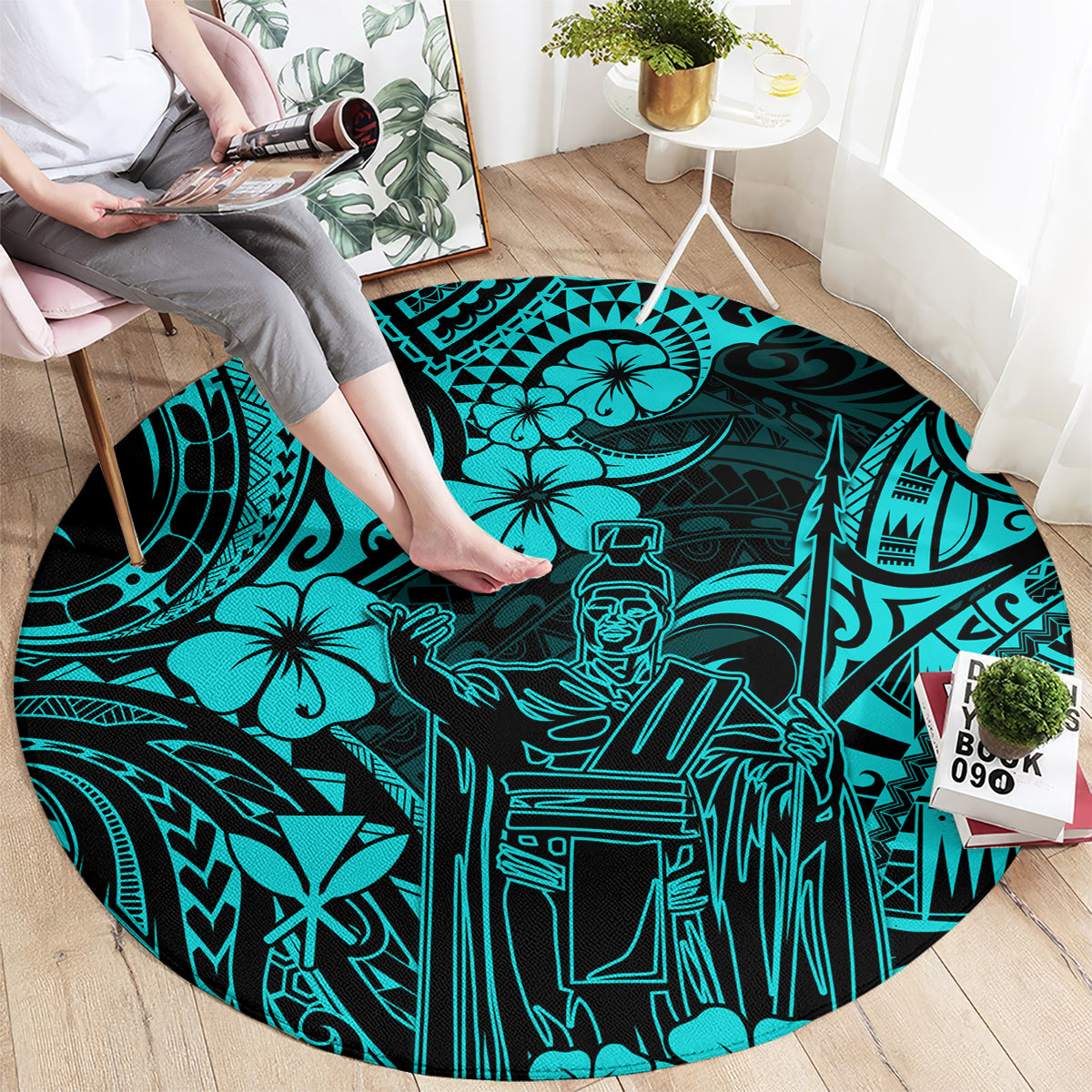 hawaii-king-kamehameha-round-carpet-polynesian-pattern-turquoise-version