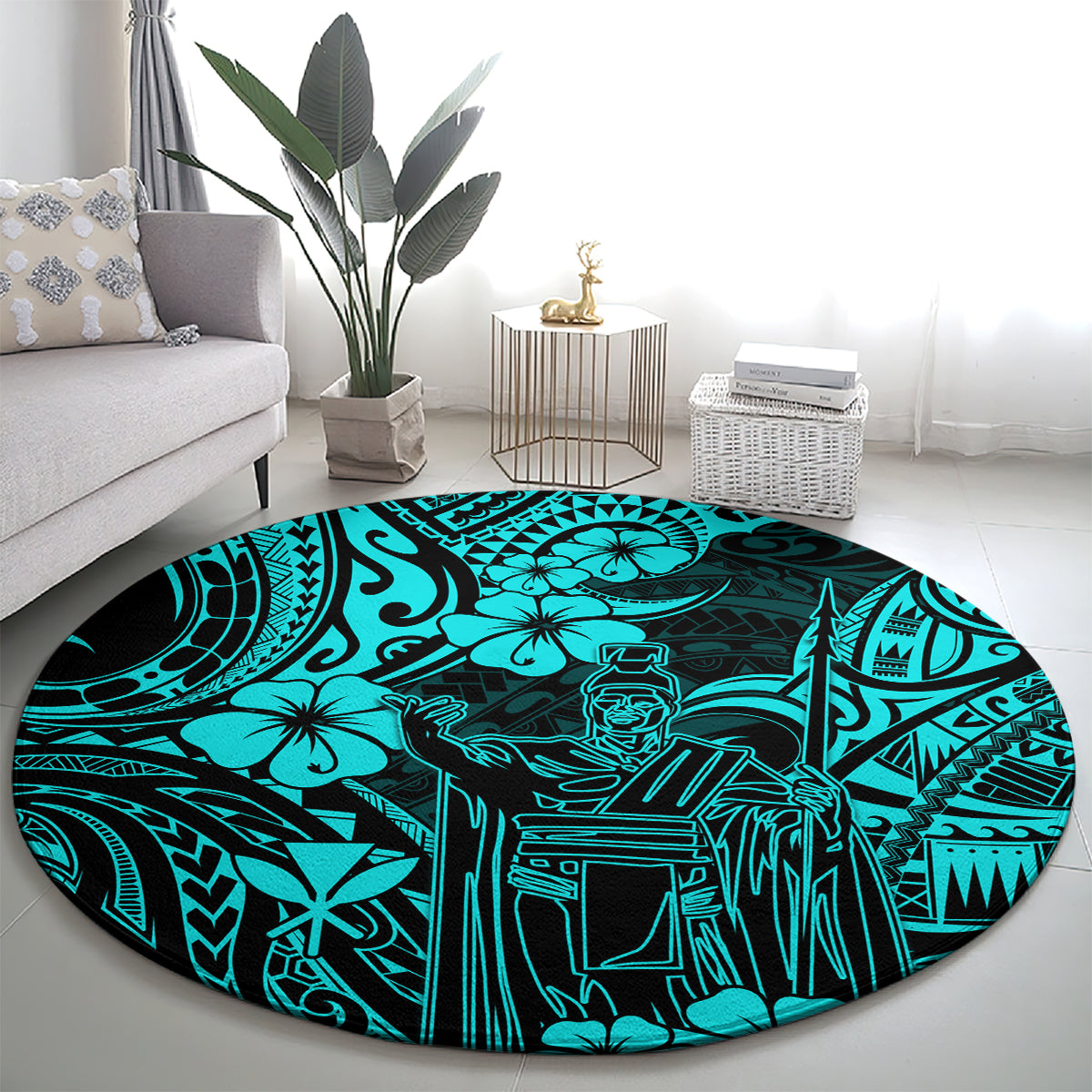 hawaii-king-kamehameha-round-carpet-polynesian-pattern-turquoise-version