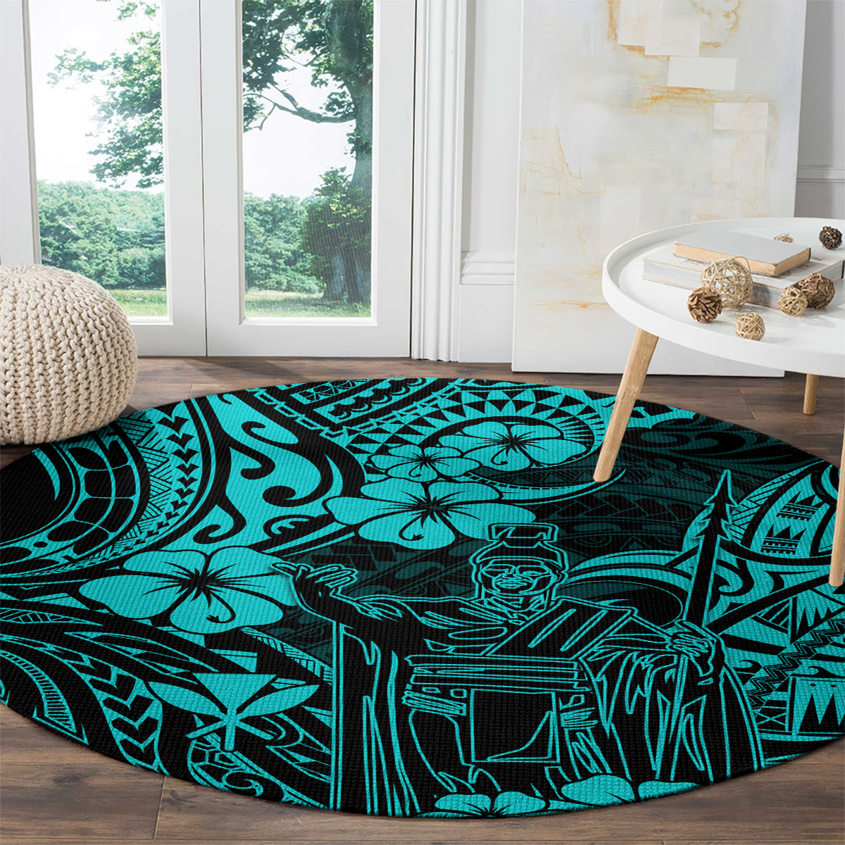 hawaii-king-kamehameha-round-carpet-polynesian-pattern-turquoise-version