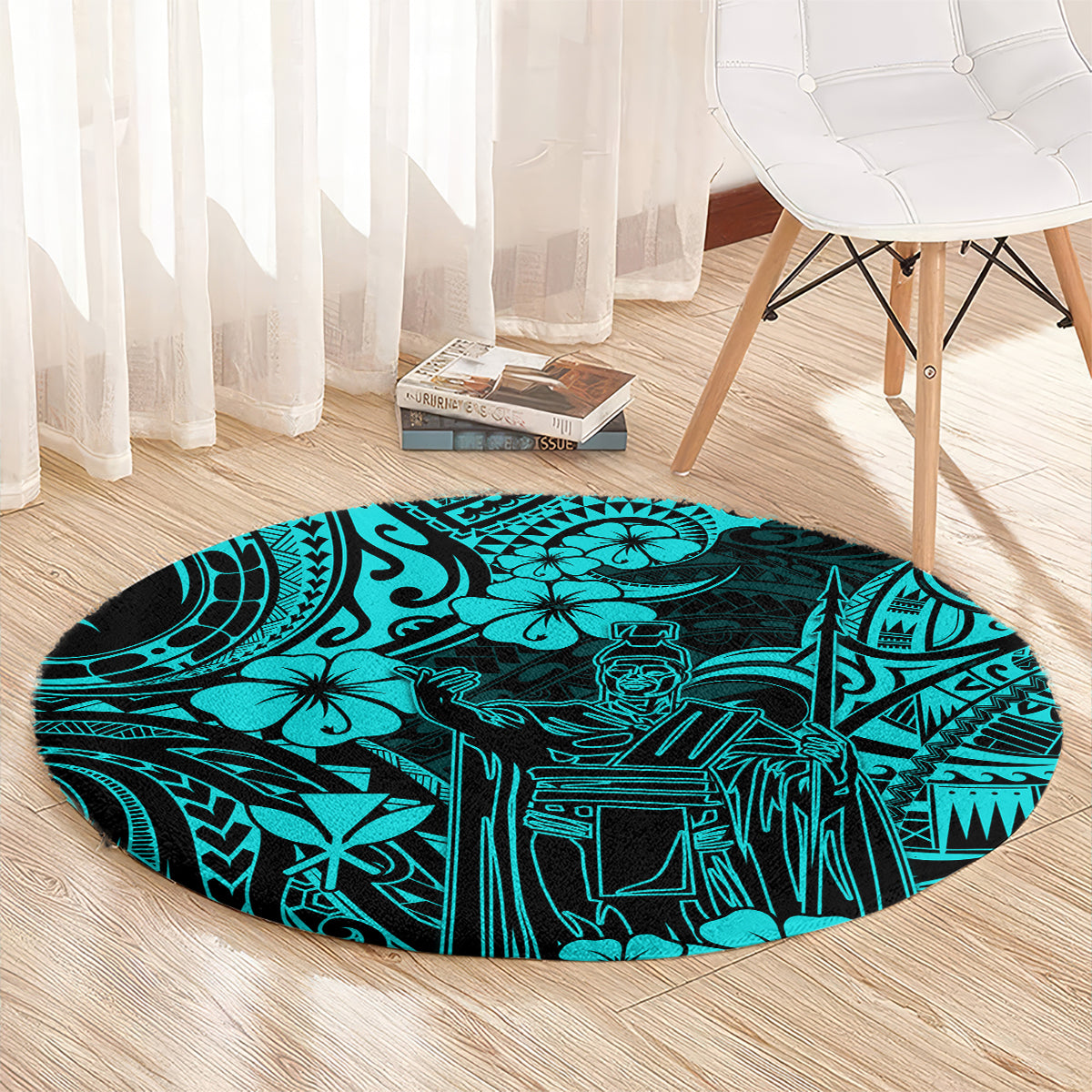 hawaii-king-kamehameha-round-carpet-polynesian-pattern-turquoise-version