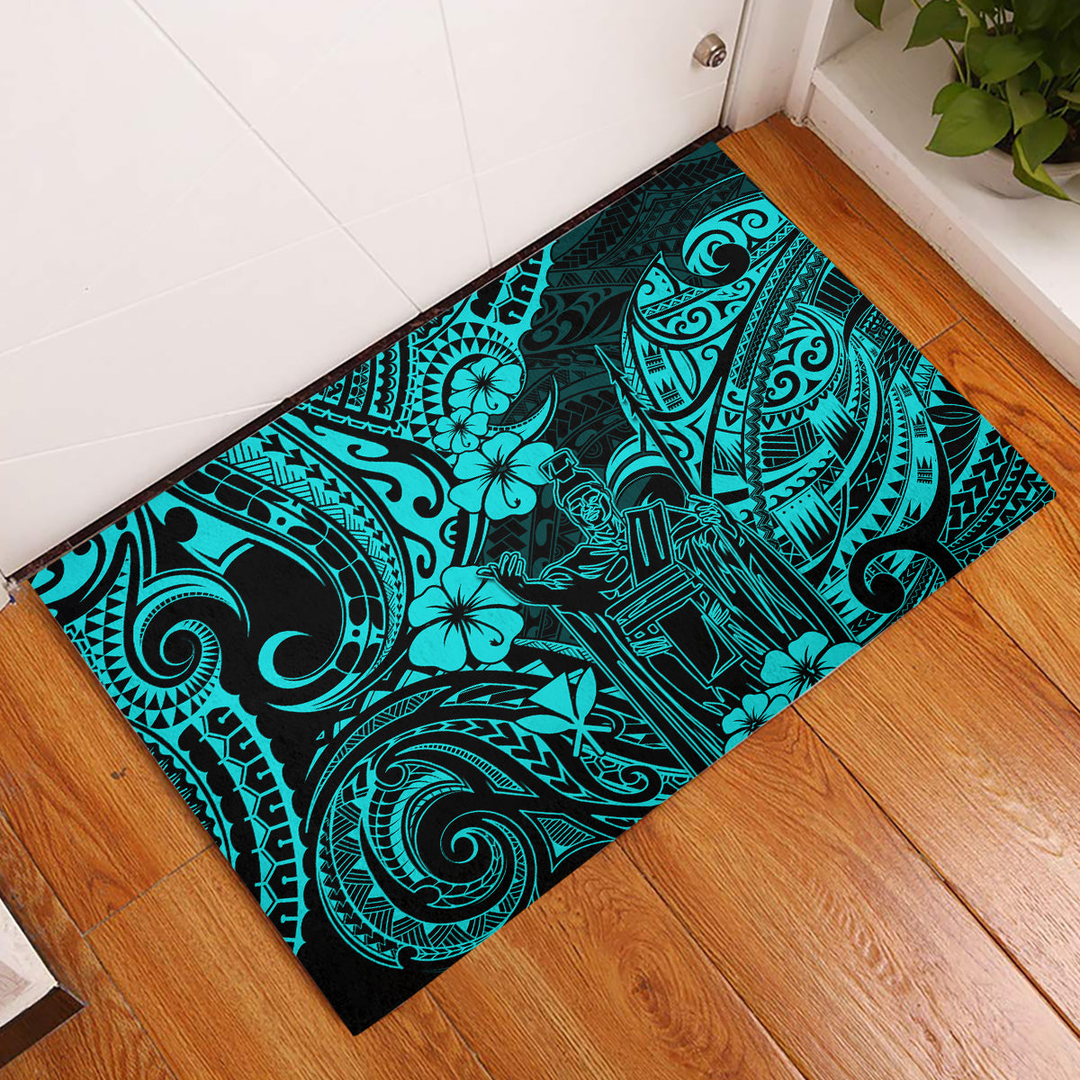 Hawaii King Kamehameha Rubber Doormat Polynesian Pattern Turquoise Version - Wonder Print Shop