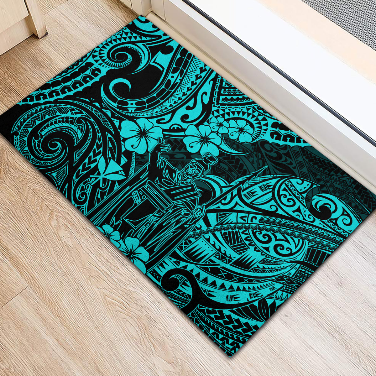 Hawaii King Kamehameha Rubber Doormat Polynesian Pattern Turquoise Version - Wonder Print Shop