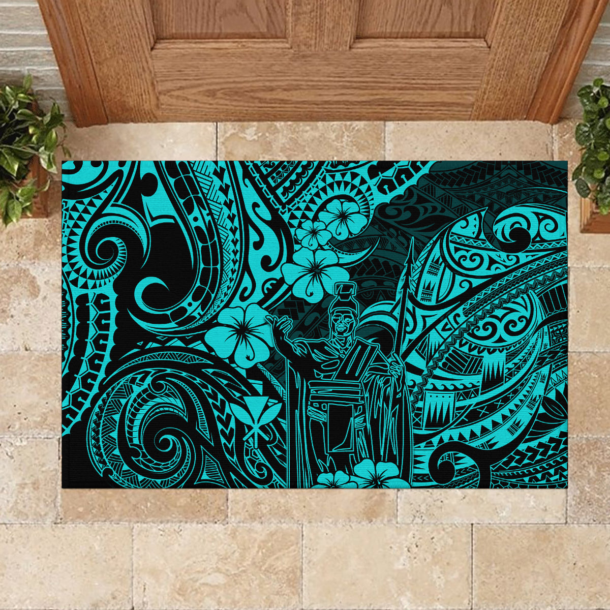 Hawaii King Kamehameha Rubber Doormat Polynesian Pattern Turquoise Version - Wonder Print Shop