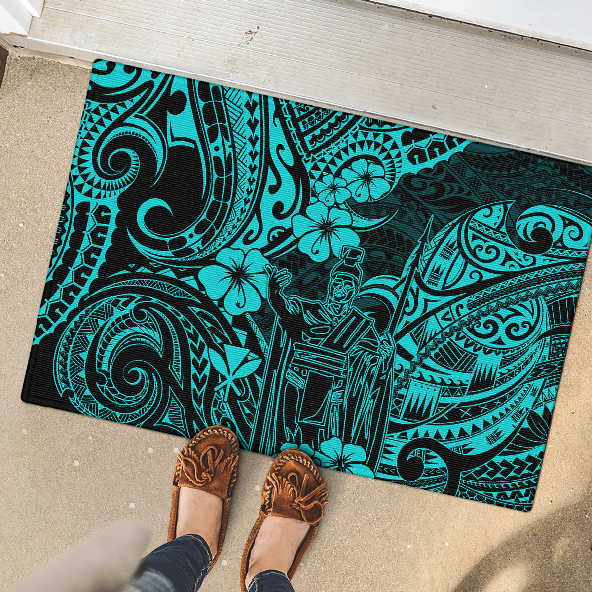 Hawaii King Kamehameha Rubber Doormat Polynesian Pattern Turquoise Version - Wonder Print Shop