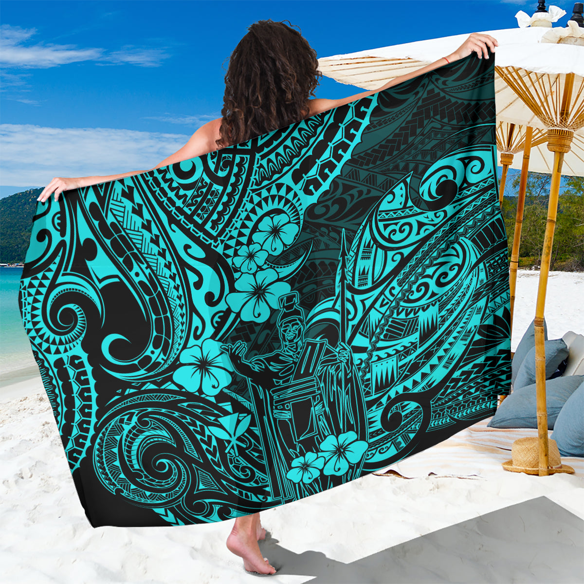 Hawaii King Kamehameha Sarong Polynesian Pattern Turquoise Version - Wonder Print Shop