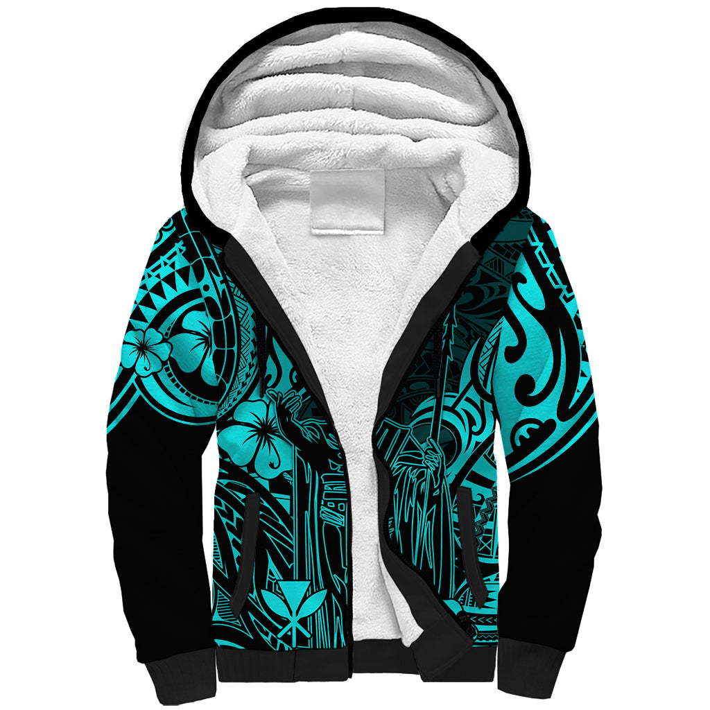 Hawaii King Kamehameha Sherpa Hoodie Polynesian Pattern Turquoise Version - Wonder Print Shop