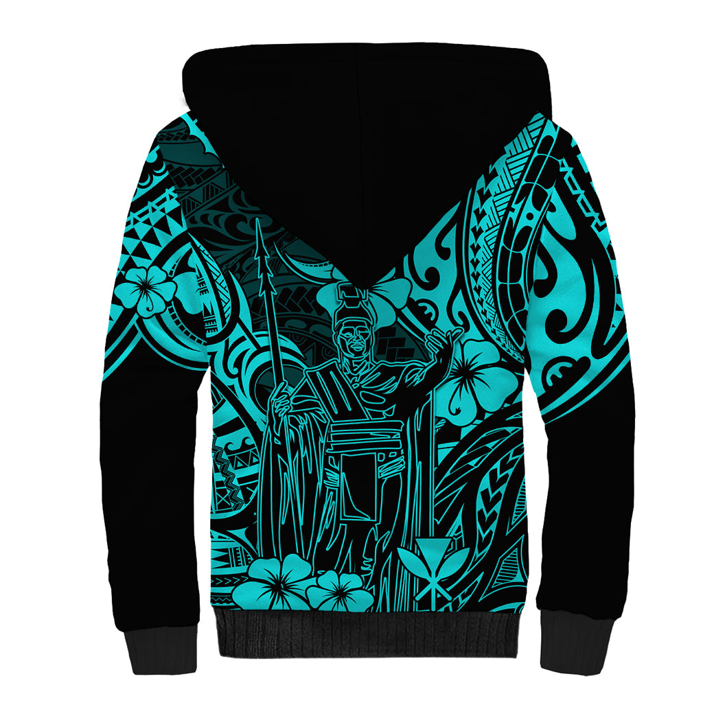 Hawaii King Kamehameha Sherpa Hoodie Polynesian Pattern Turquoise Version - Wonder Print Shop