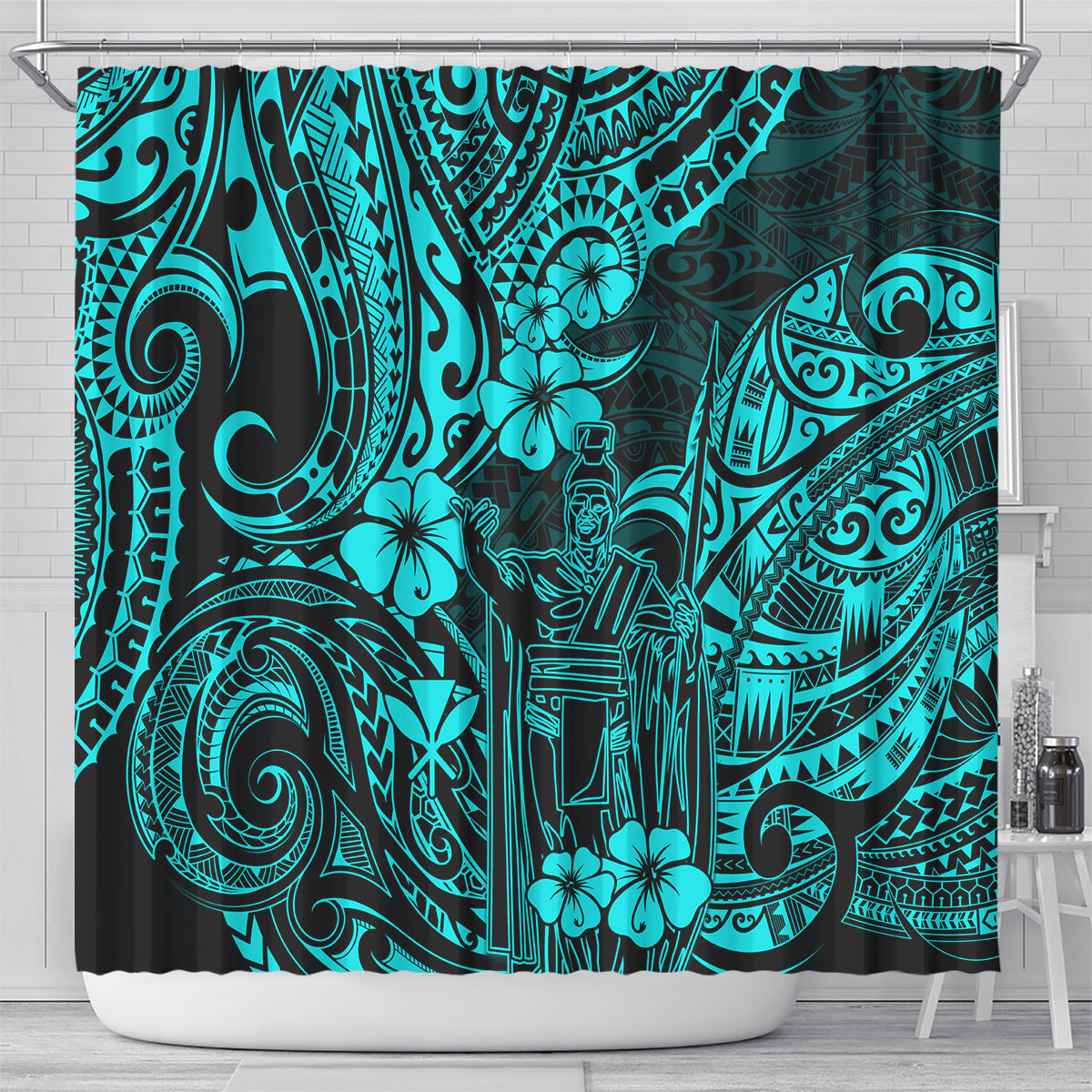 hawaii-king-kamehameha-shower-curtain-polynesian-pattern-turquoise-version