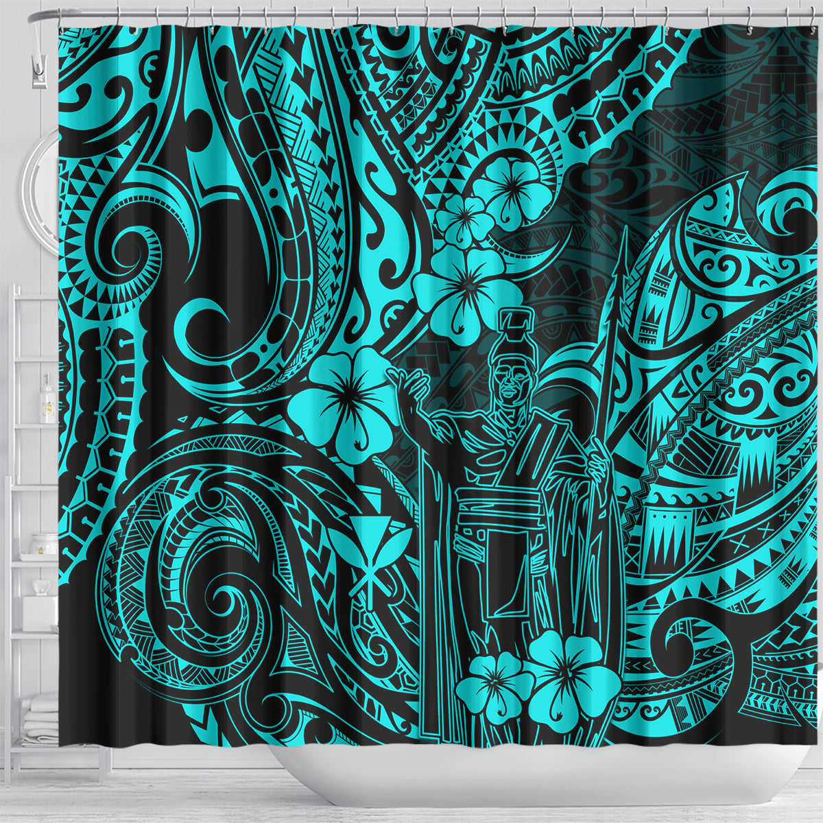 hawaii-king-kamehameha-shower-curtain-polynesian-pattern-turquoise-version