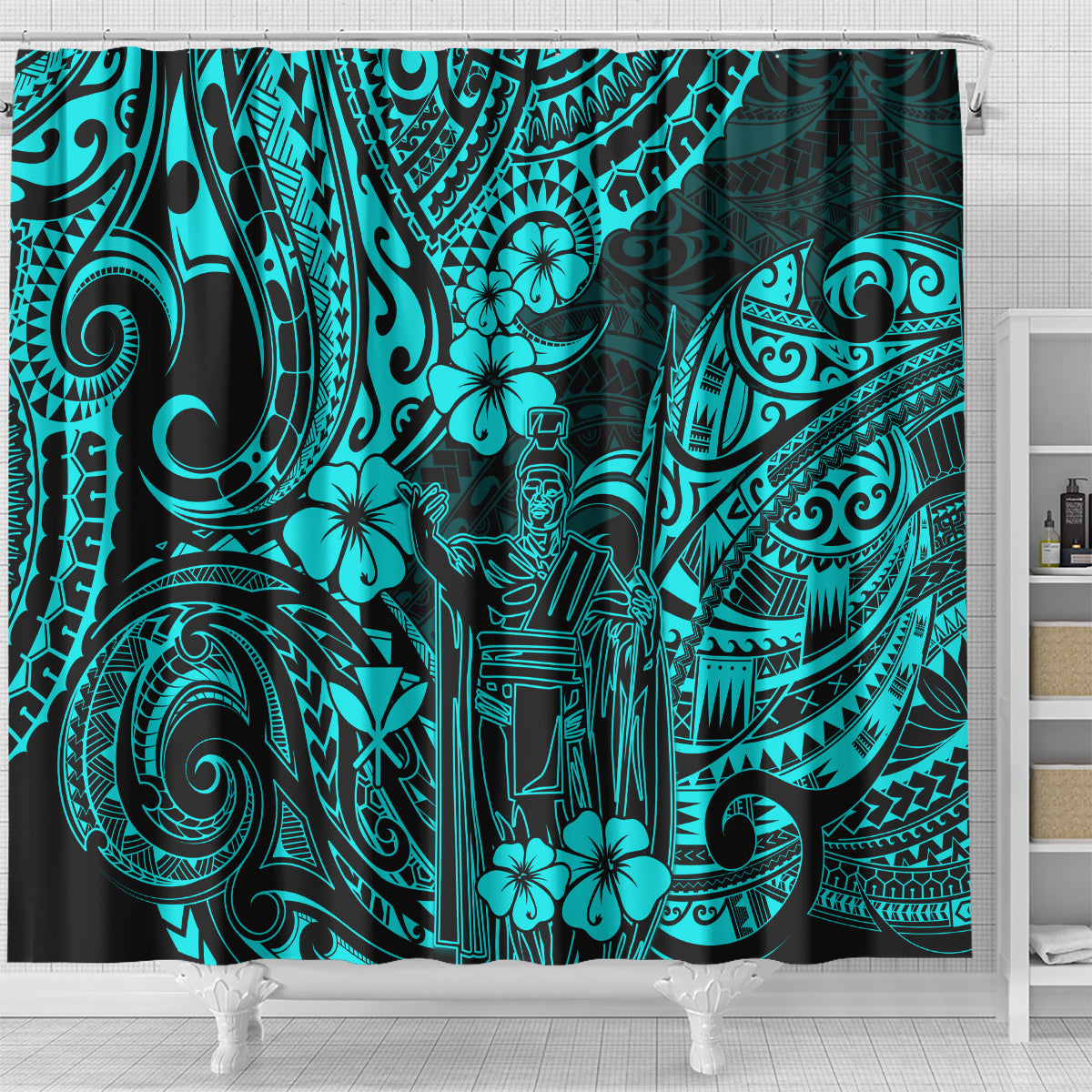 hawaii-king-kamehameha-shower-curtain-polynesian-pattern-turquoise-version