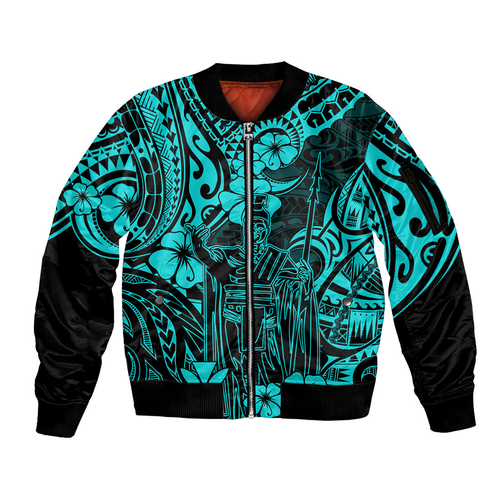 Hawaii King Kamehameha Sleeve Zip Bomber Jacket Polynesian Pattern Turquoise Version - Wonder Print Shop