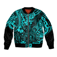 Hawaii King Kamehameha Sleeve Zip Bomber Jacket Polynesian Pattern Turquoise Version - Wonder Print Shop
