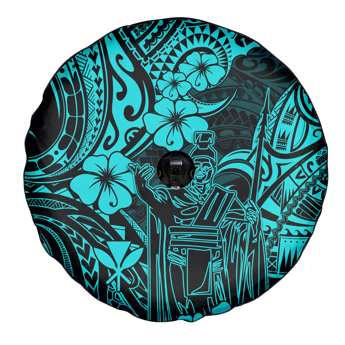 Hawaii King Kamehameha Spare Tire Cover Polynesian Pattern Turquoise Version - Wonder Print Shop