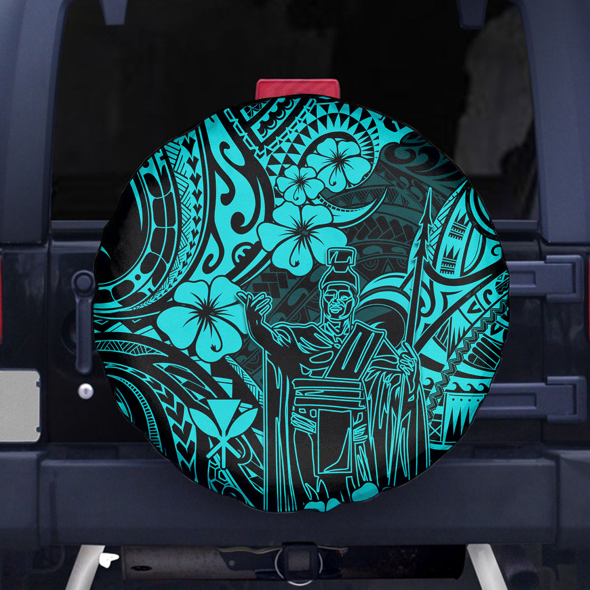 Hawaii King Kamehameha Spare Tire Cover Polynesian Pattern Turquoise Version - Wonder Print Shop