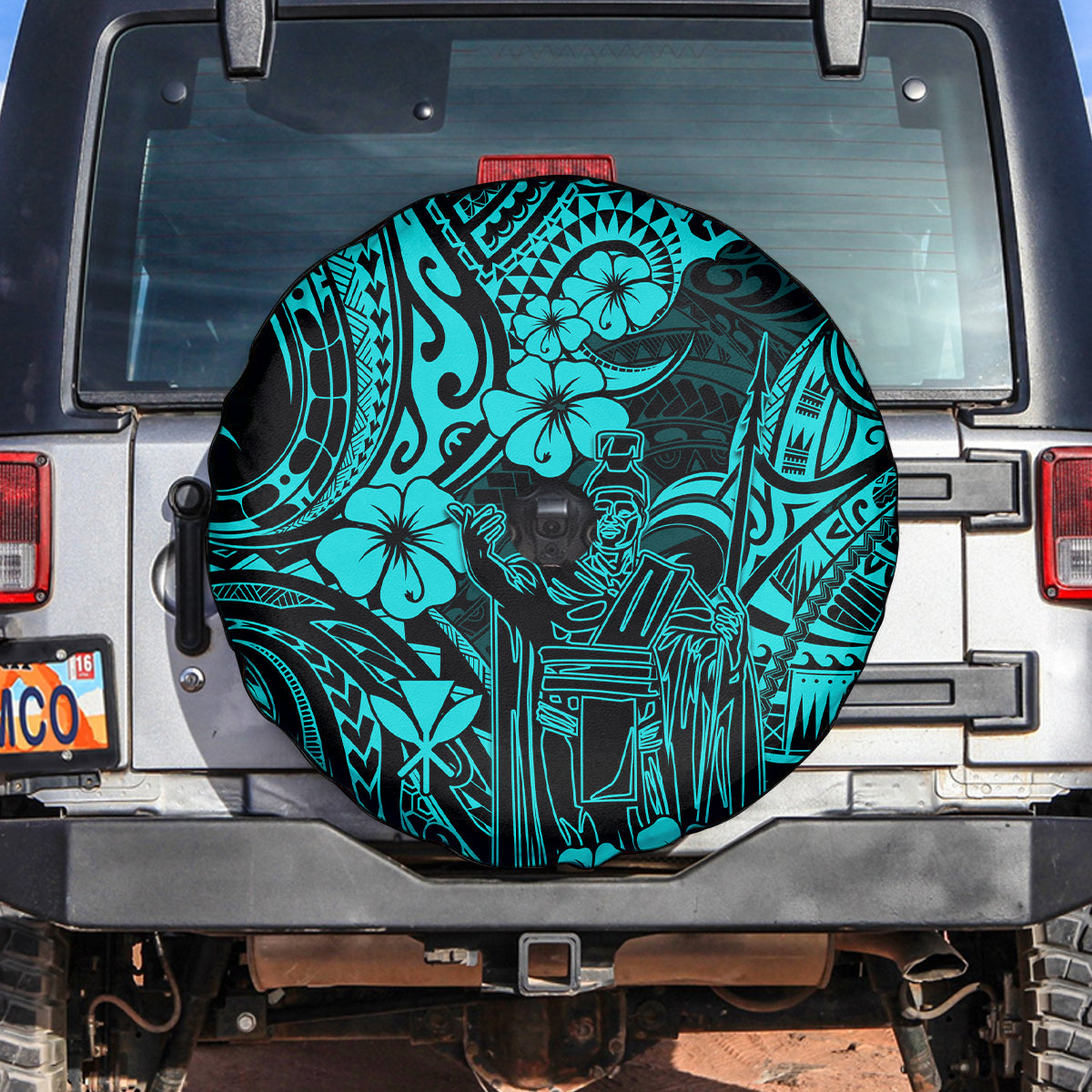 Hawaii King Kamehameha Spare Tire Cover Polynesian Pattern Turquoise Version - Wonder Print Shop