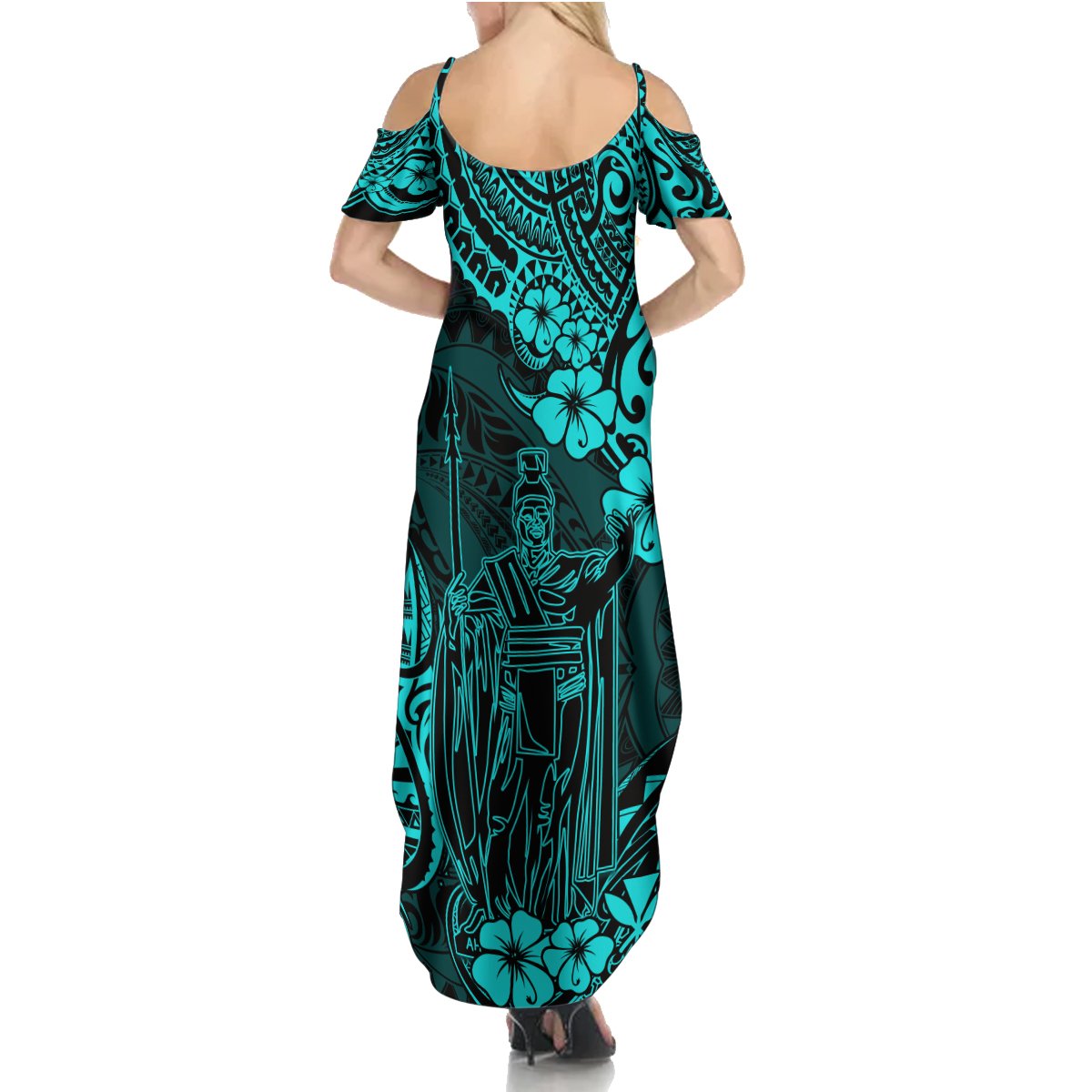 Hawaii King Kamehameha Summer Maxi Dress Polynesian Pattern Turquoise Version - Wonder Print Shop