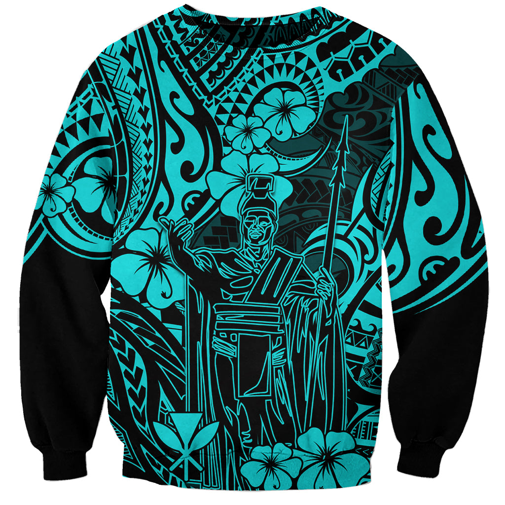 Hawaii King Kamehameha Sweatshirt Polynesian Pattern Turquoise Version - Wonder Print Shop
