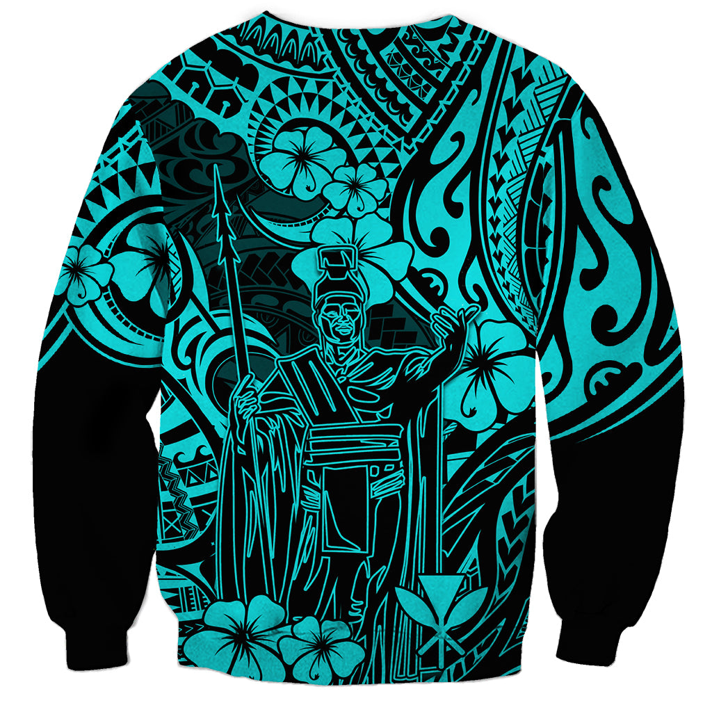 Hawaii King Kamehameha Sweatshirt Polynesian Pattern Turquoise Version - Wonder Print Shop