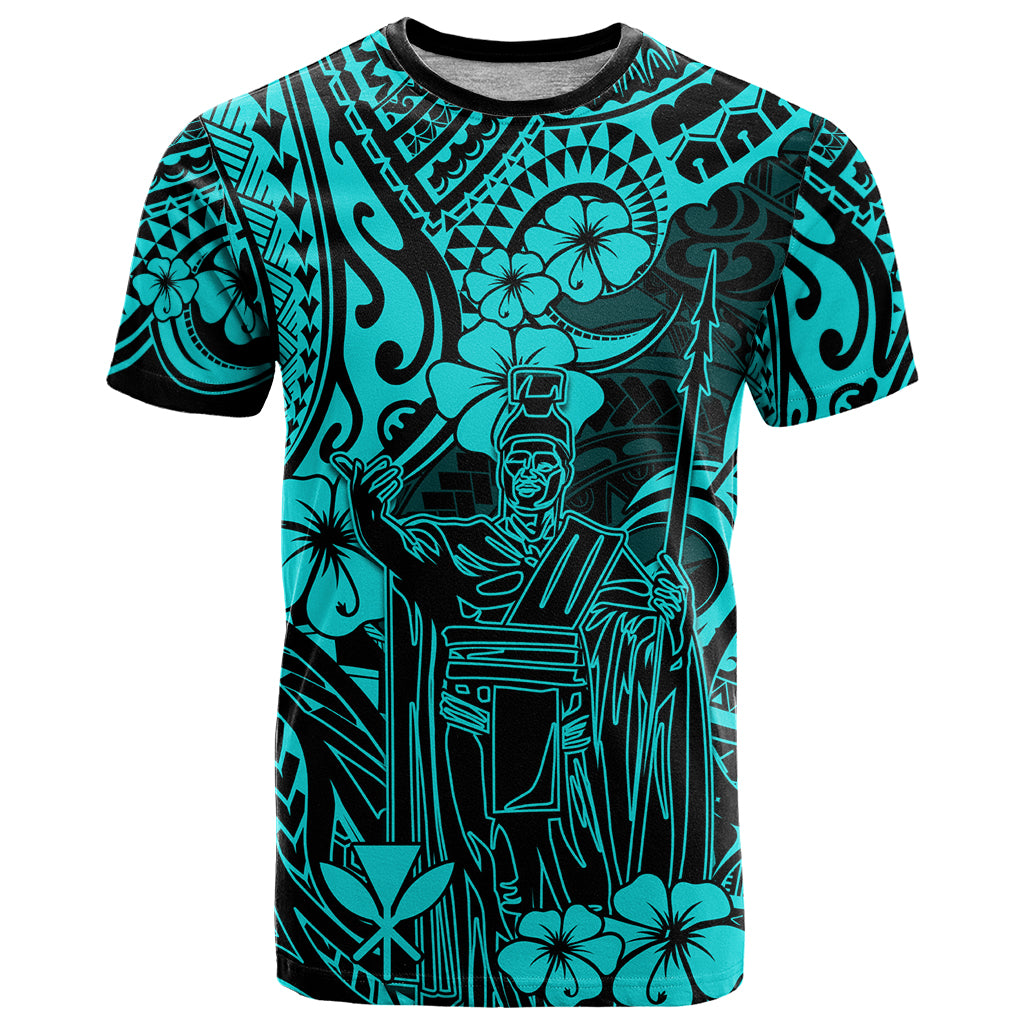 Hawaii King Kamehameha T Shirt Polynesian Pattern Turquoise Version - Wonder Print Shop
