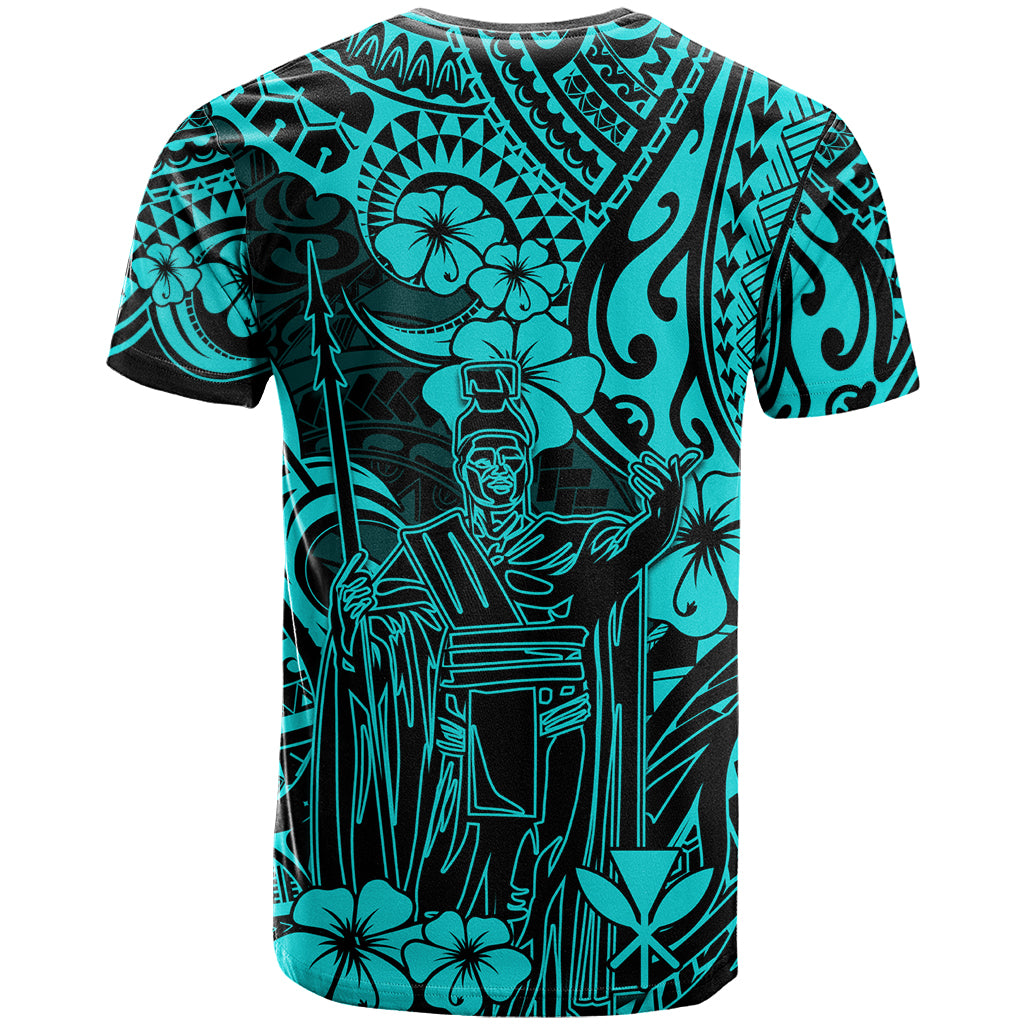Hawaii King Kamehameha T Shirt Polynesian Pattern Turquoise Version - Wonder Print Shop
