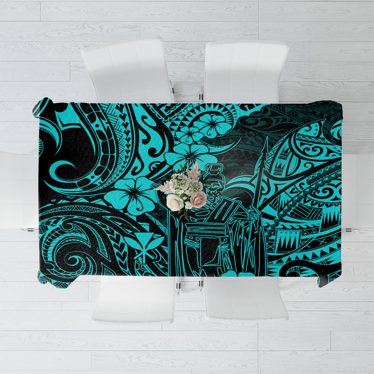 Hawaii King Kamehameha Tablecloth Polynesian Pattern Turquoise Version - Wonder Print Shop