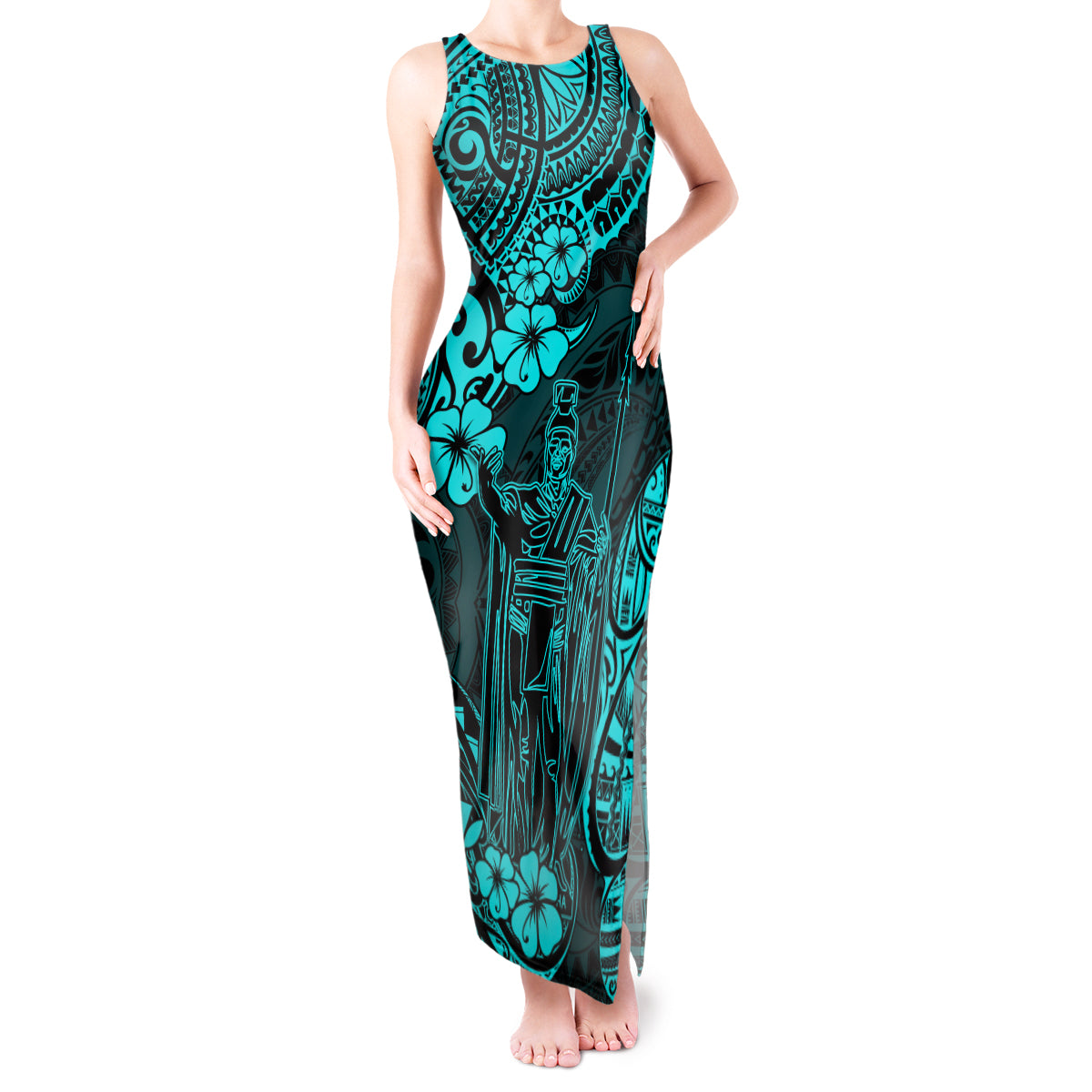 Hawaii King Kamehameha Tank Maxi Dress Polynesian Pattern Turquoise Version - Wonder Print Shop