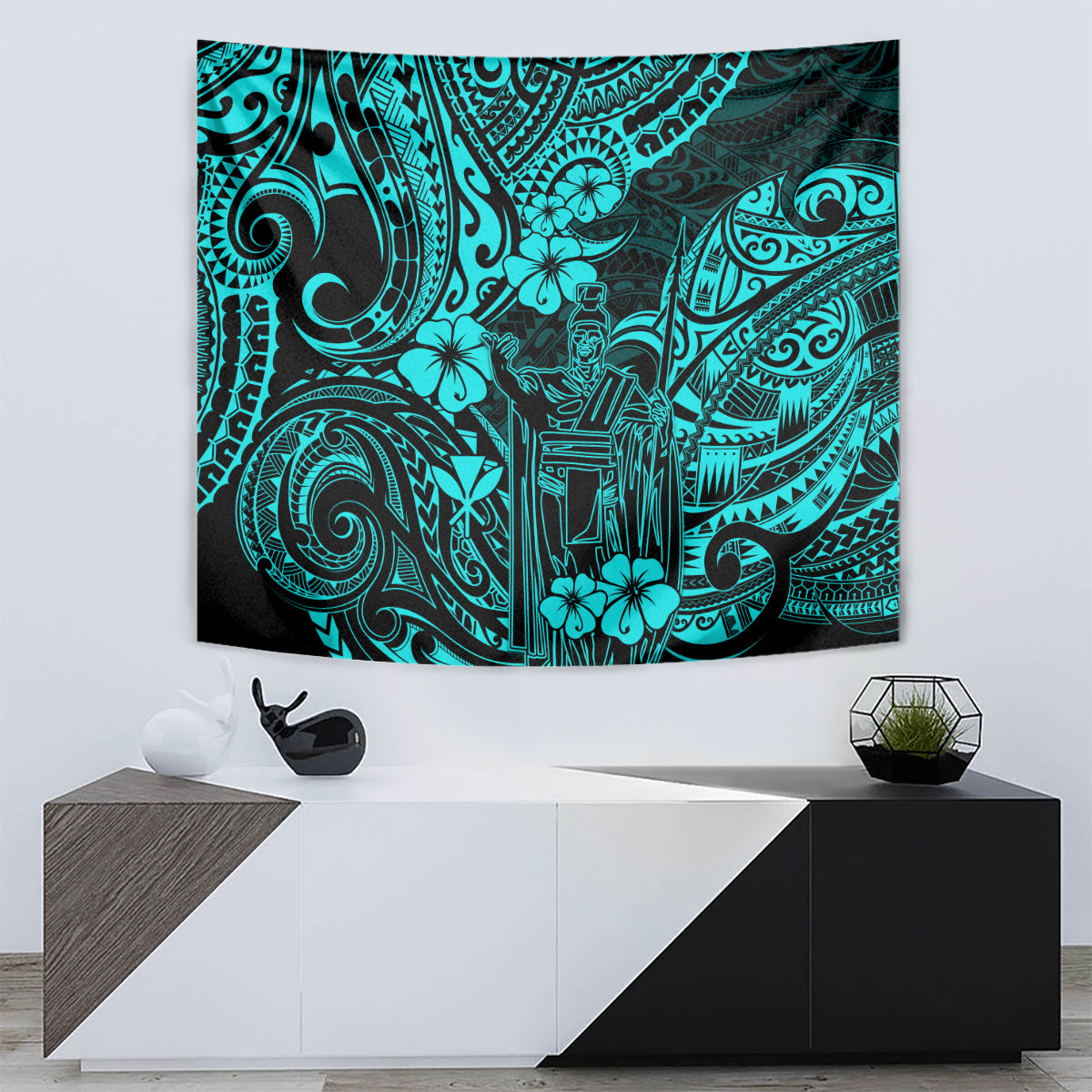 Hawaii King Kamehameha Tapestry Polynesian Pattern Turquoise Version - Wonder Print Shop