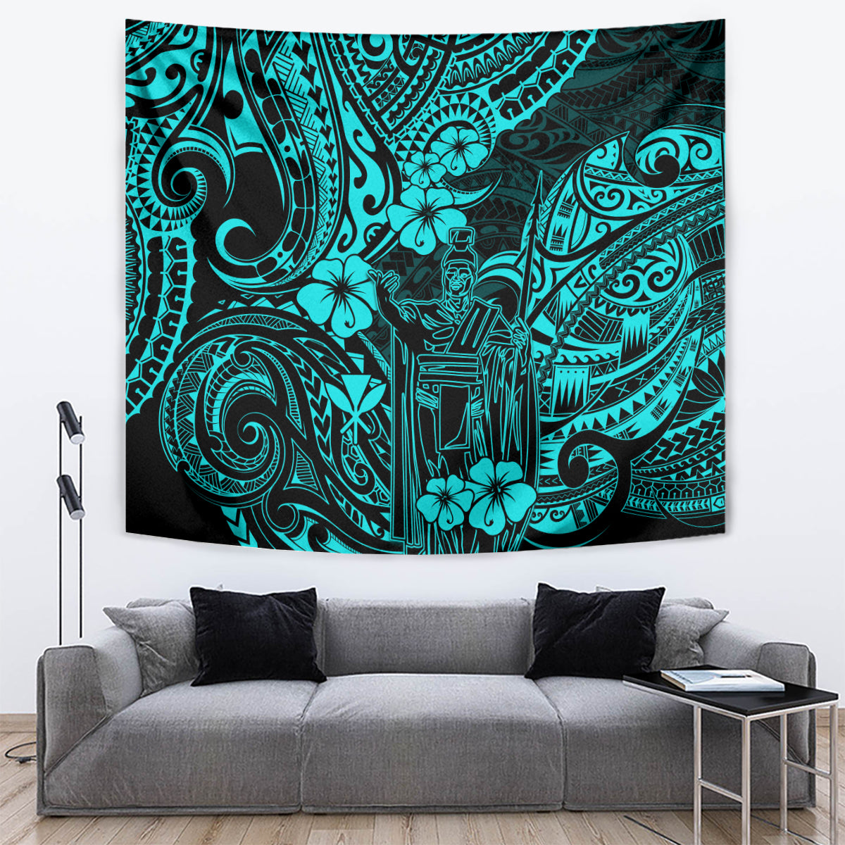 Hawaii King Kamehameha Tapestry Polynesian Pattern Turquoise Version - Wonder Print Shop