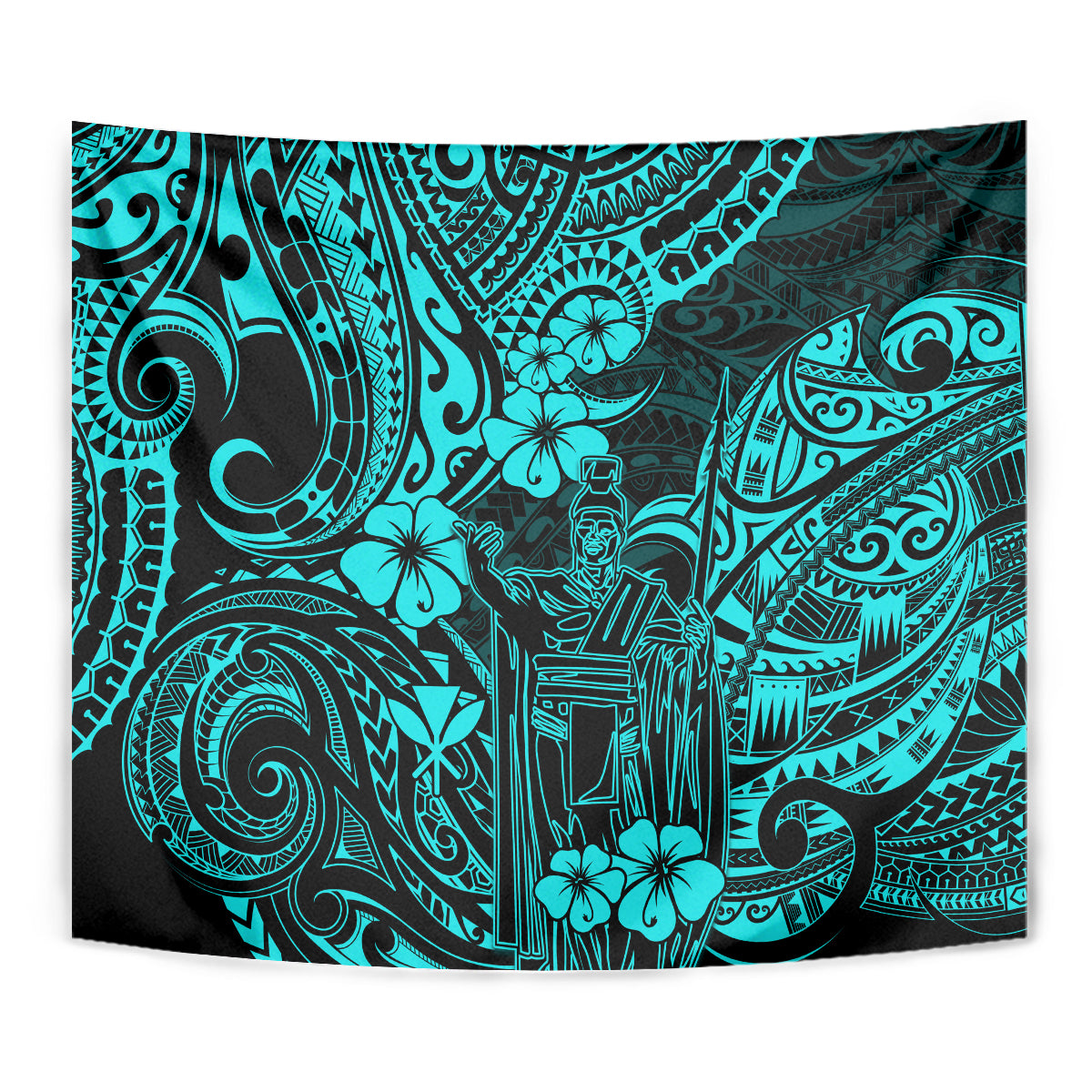 Hawaii King Kamehameha Tapestry Polynesian Pattern Turquoise Version - Wonder Print Shop