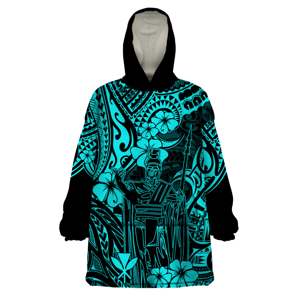Hawaii King Kamehameha Wearable Blanket Hoodie Polynesian Pattern Turquoise Version - Wonder Print Shop