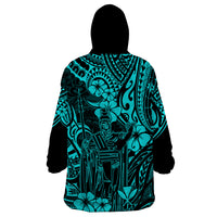 Hawaii King Kamehameha Wearable Blanket Hoodie Polynesian Pattern Turquoise Version - Wonder Print Shop