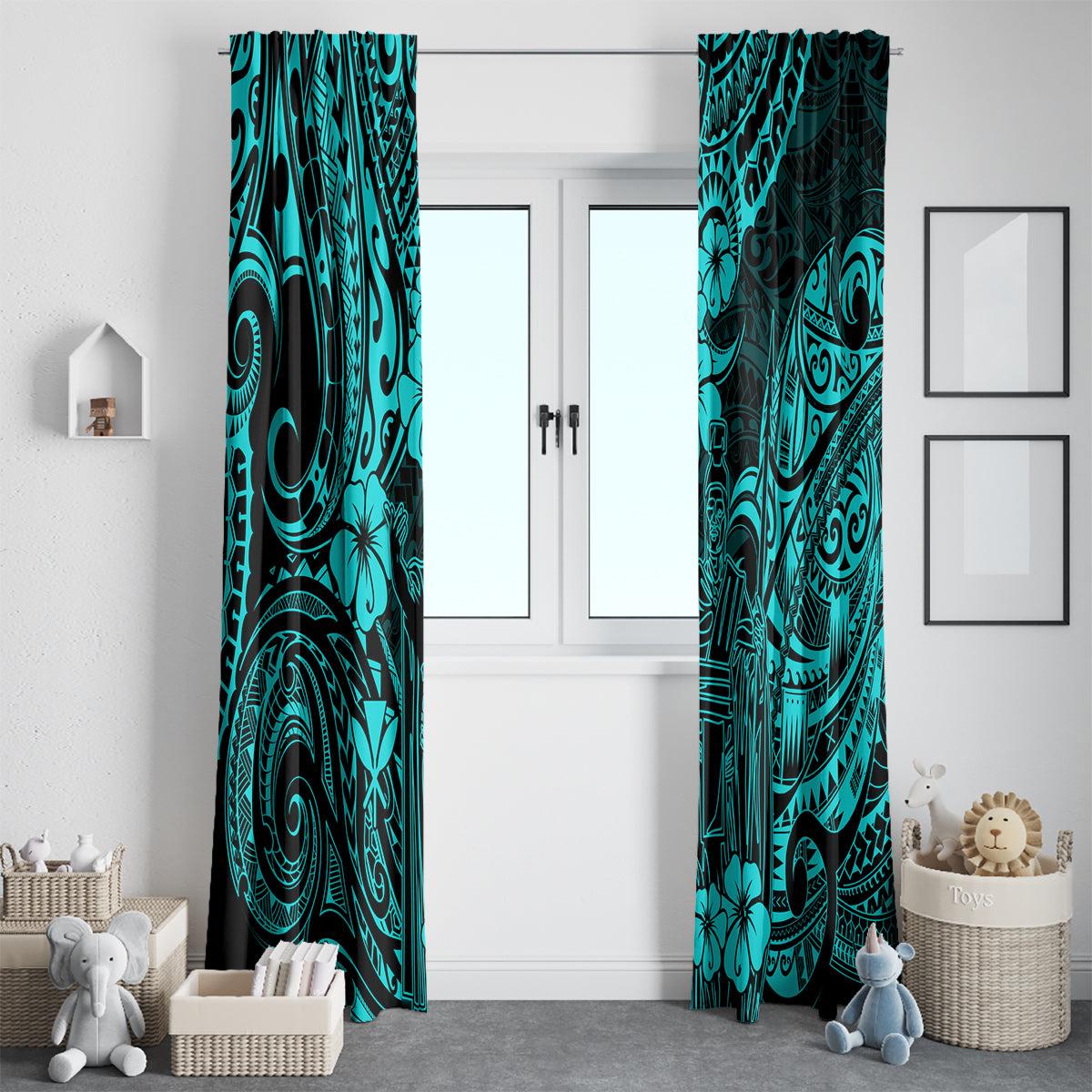 Hawaii King Kamehameha Window Curtain Polynesian Pattern Turquoise Version - Wonder Print Shop
