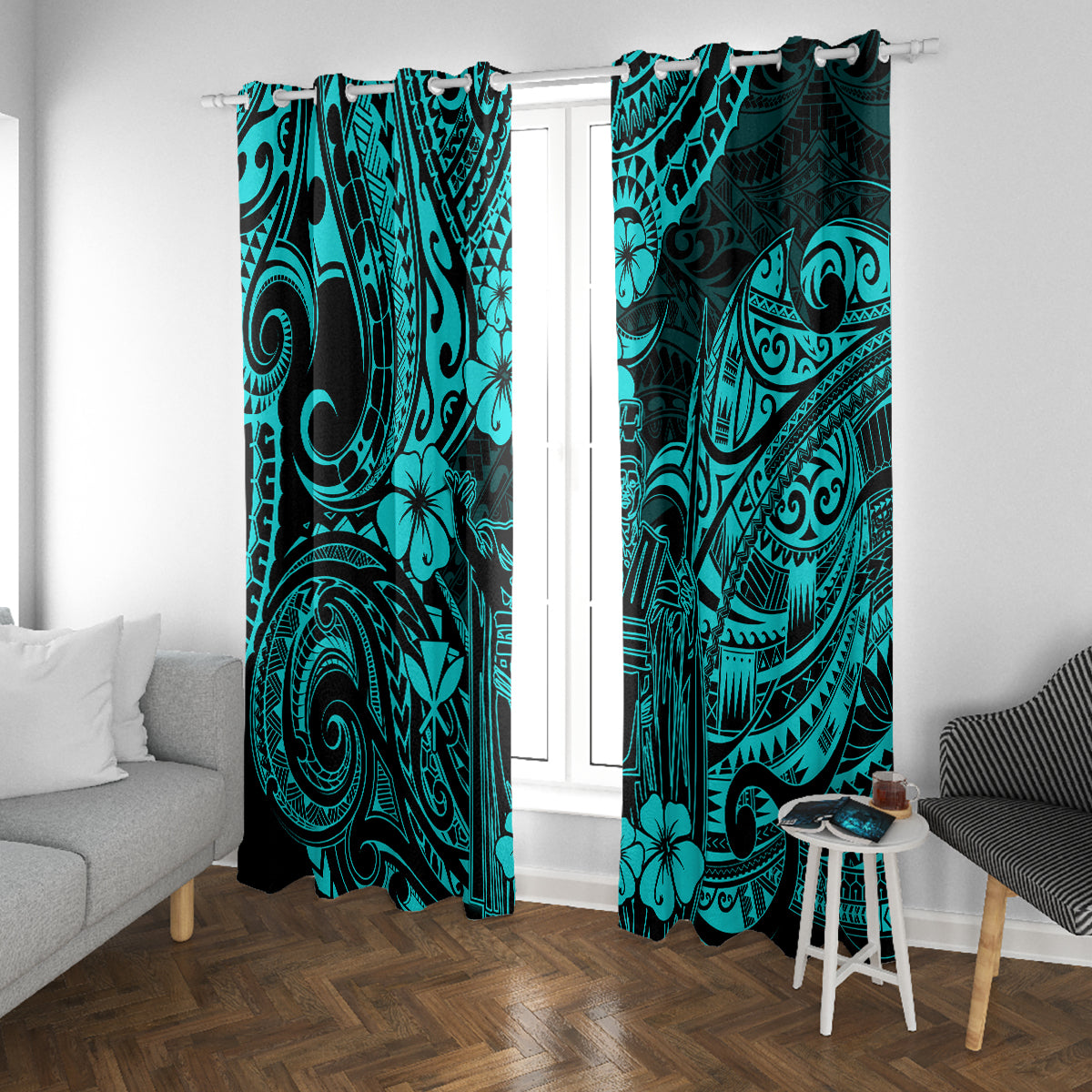 Hawaii King Kamehameha Window Curtain Polynesian Pattern Turquoise Version - Wonder Print Shop