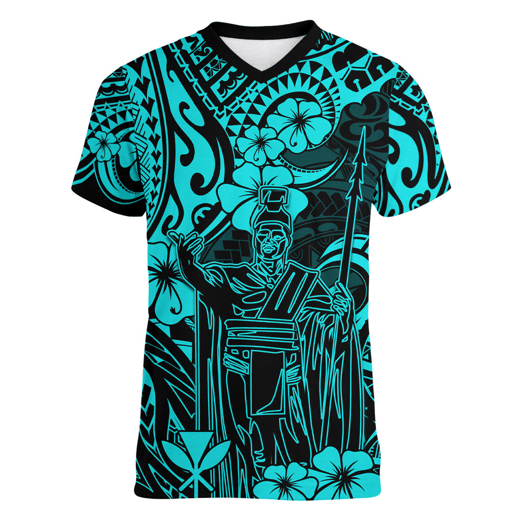 Hawaii King Kamehameha Women V Neck T Shirt Polynesian Pattern Turquoise Version - Wonder Print Shop