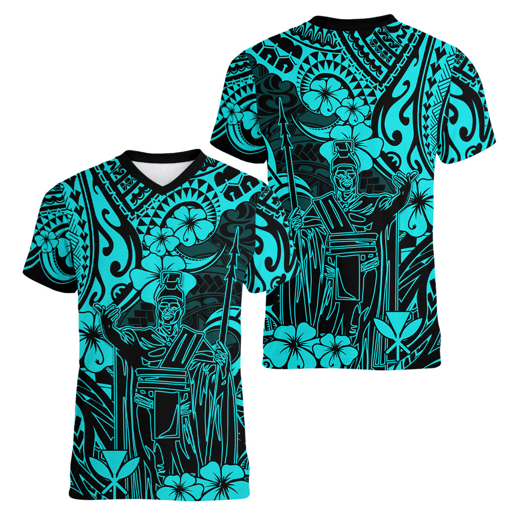 Hawaii King Kamehameha Women V Neck T Shirt Polynesian Pattern Turquoise Version - Wonder Print Shop