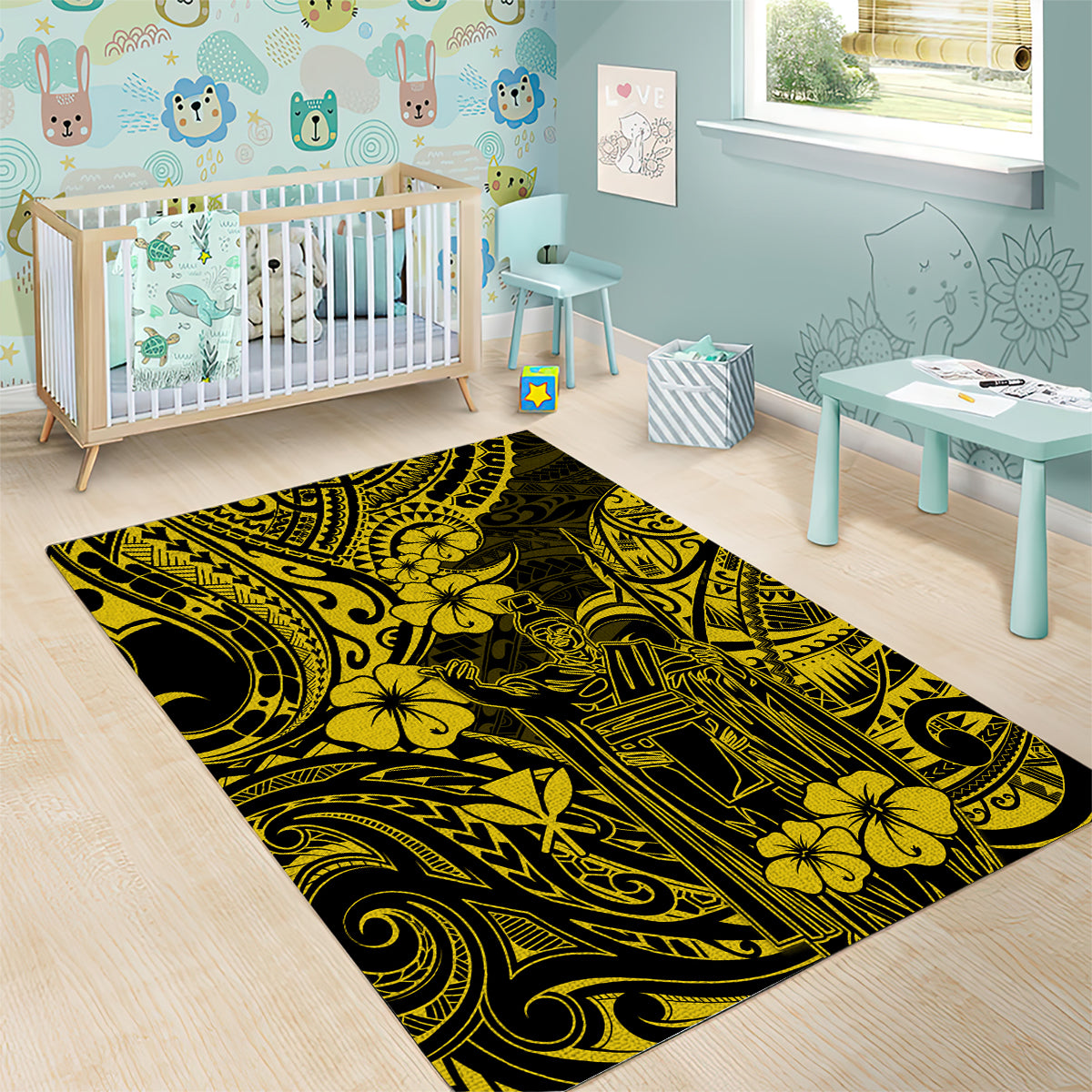 Hawaii King Kamehameha Area Rug Polynesian Pattern Yellow Version - Wonder Print Shop
