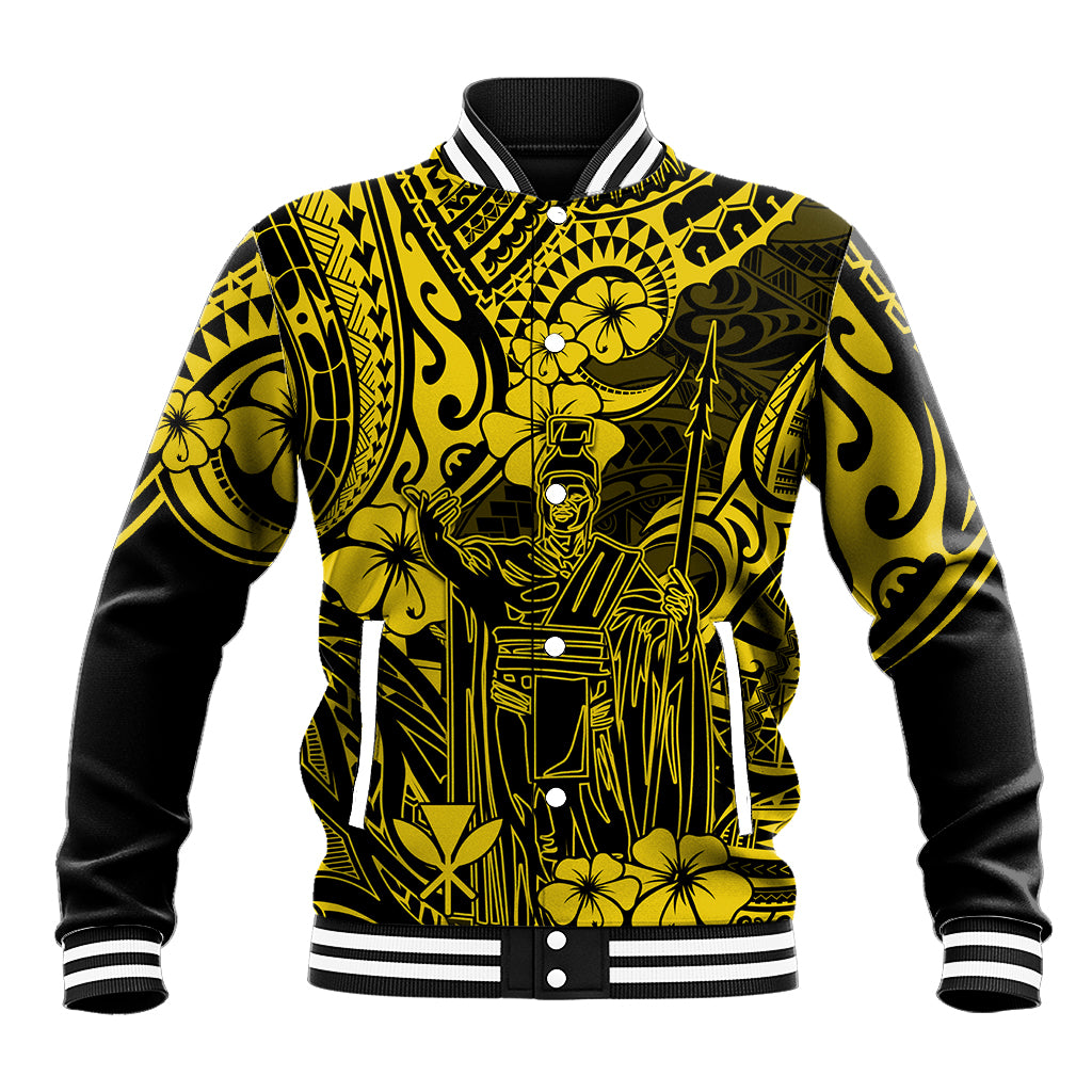 Hawaii King Kamehameha Baseball Jacket Polynesian Pattern Yellow Version - Wonder Print Shop